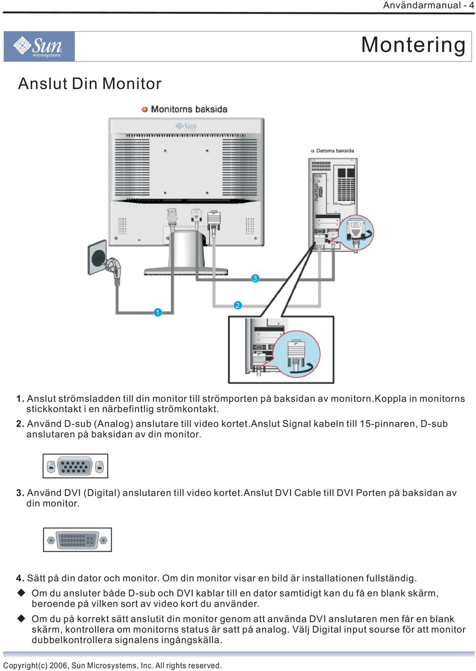 anslut DVI Cable till DVI Porten på baksidan av din monitor. 4. Sätt på din dator och monitor. Om din monitor visar en bild är installationen fullständig.