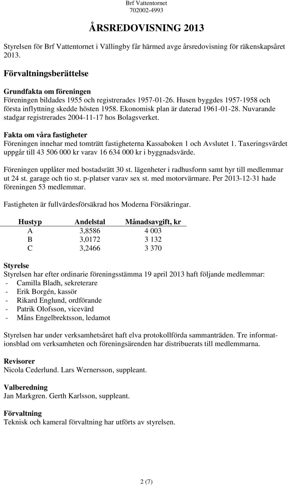 Ekonomisk plan är daterad 1961-01-28. Nuvarande stadgar registrerades 2004-11-17 hos Bolagsverket. Fakta om våra fastigheter Föreningen innehar med tomträtt fastigheterna Kassaboken 1 och Avslutet 1.