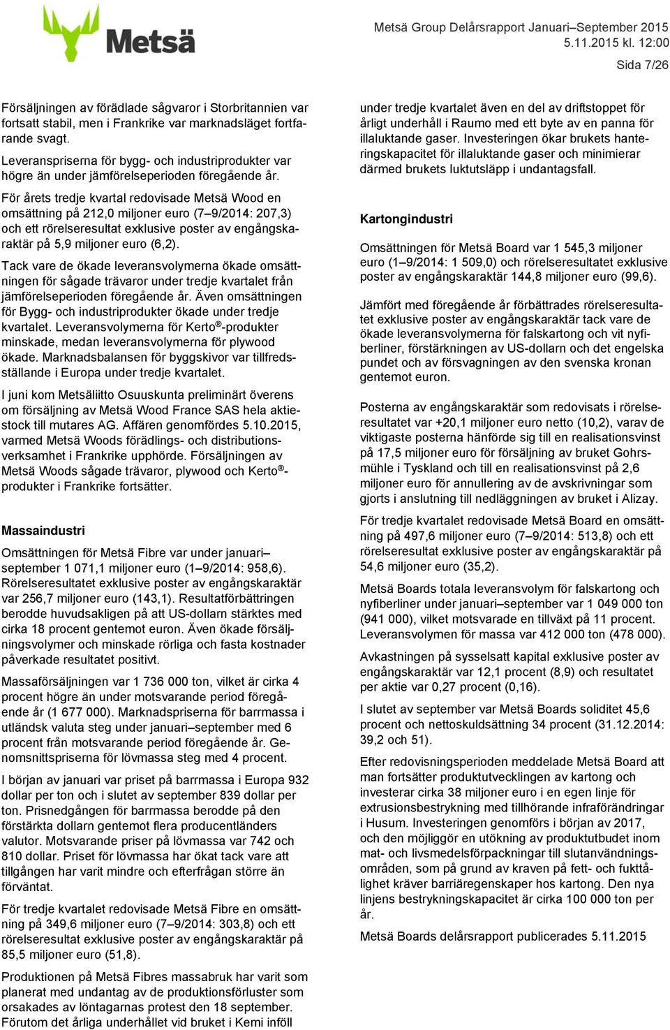 För årets tredje kvartal redovisade Metsä Wood en omsättning på 212,0 miljoner euro (7 9/2014: 207,3) och ett rörelseresultat exklusive poster av engångskaraktär på 5,9 miljoner euro (6,2).