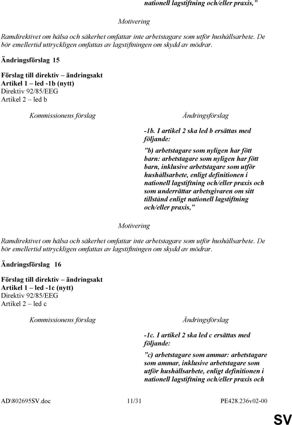 I artikel 2 ska led b ersättas med följande: b) arbetstagare som nyligen har fött barn: arbetstagare som nyligen har fött barn, inklusive arbetstagare som utför hushållsarbete, enligt definitionen i