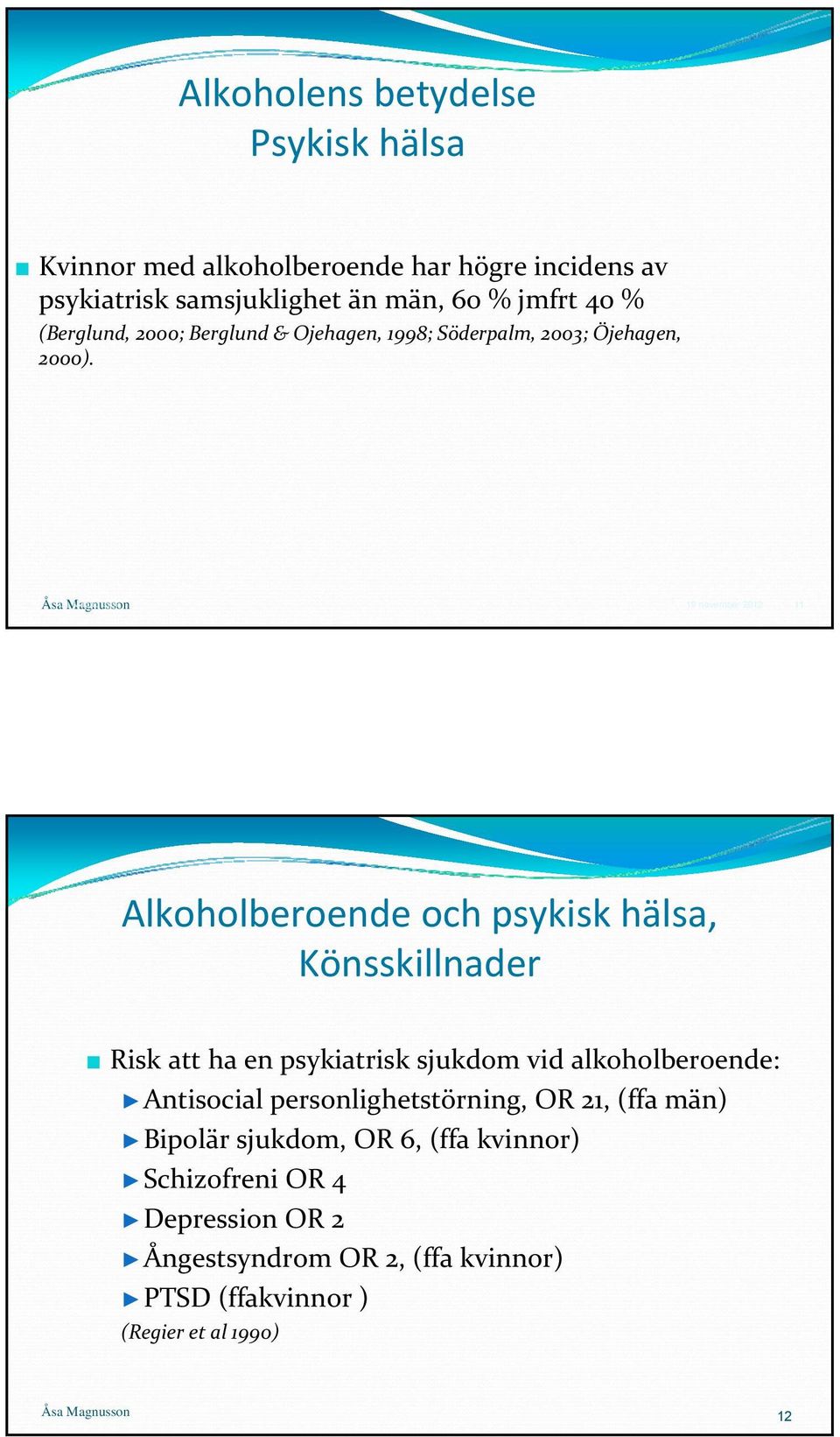Åsa Åsa Magnusson 19 november 2012 11 Alkoholberoende och psykisk hälsa, Könsskillnader Risk att ha en psykiatrisk sjukdom vid