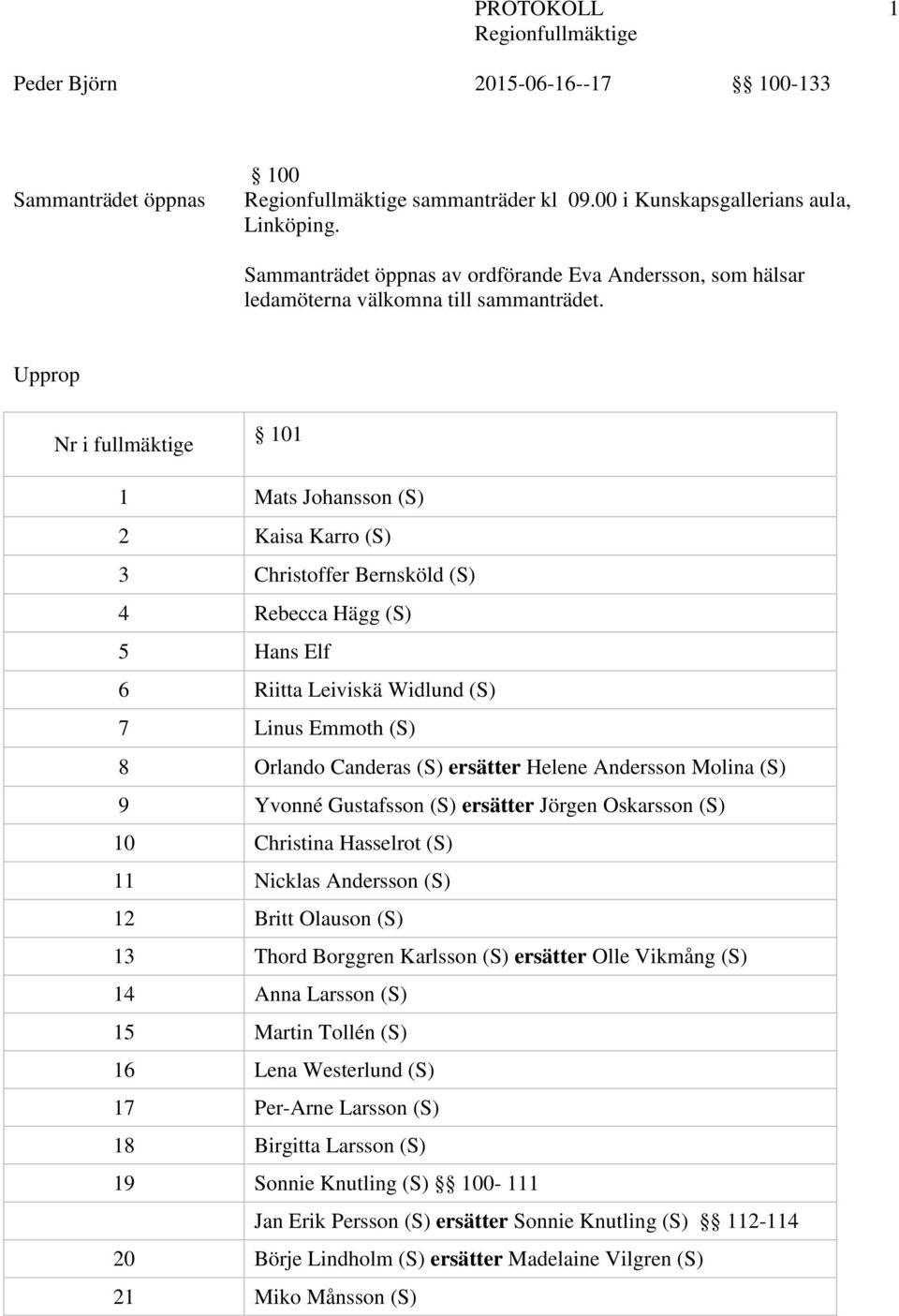 ersätter Helene Andersson Molina (S) 9 Yvonné Gustafsson (S) ersätter Jörgen Oskarsson (S) 10 Christina Hasselrot (S) 11 Nicklas Andersson (S) 12 Britt Olauson (S) 13 Thord Borggren Karlsson (S)