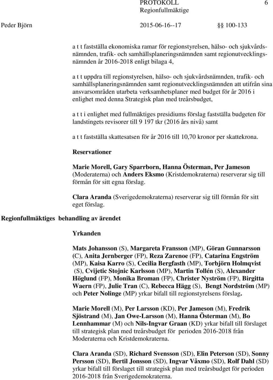 år 2016 i enlighet med denna Strategisk plan med treårsbudget, a t t i enlighet med fullmäktiges presidiums förslag fastställa budgeten för landstingets revisorer till 9 197 tkr (2016 års nivå) samt