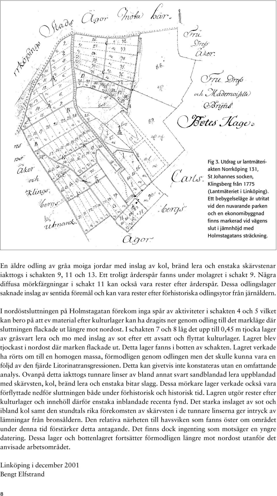 En äldre odling av gråa moiga jordar med inslag av kol, bränd lera och enstaka skärvstenar iakttogs i schakten 9, 11 och 13. Ett troligt årderspår fanns under molagret i schakt 9.