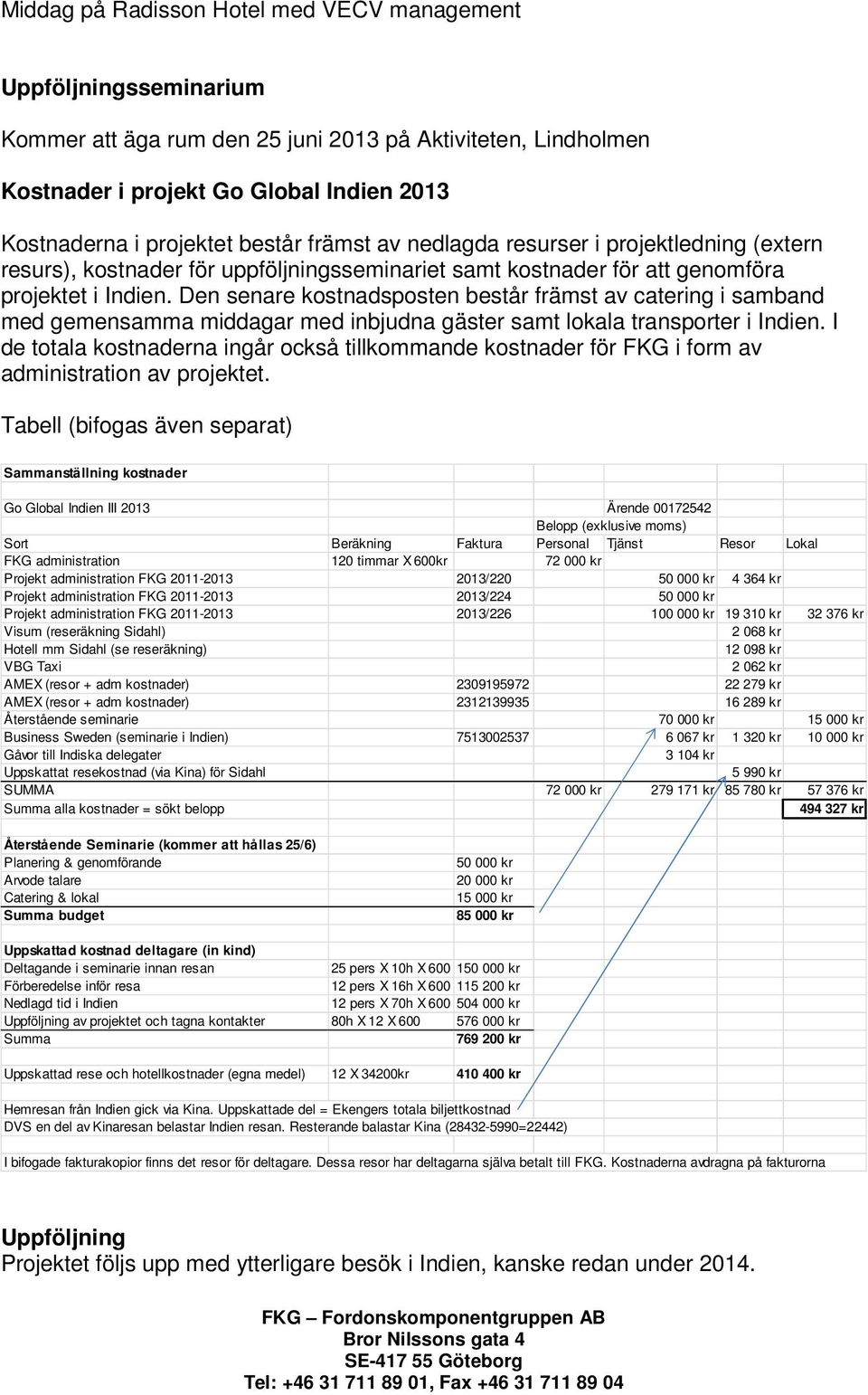 Den senare kostnadsposten består främst av catering i samband med gemensamma middagar med inbjudna gäster samt lokala transporter i Indien.