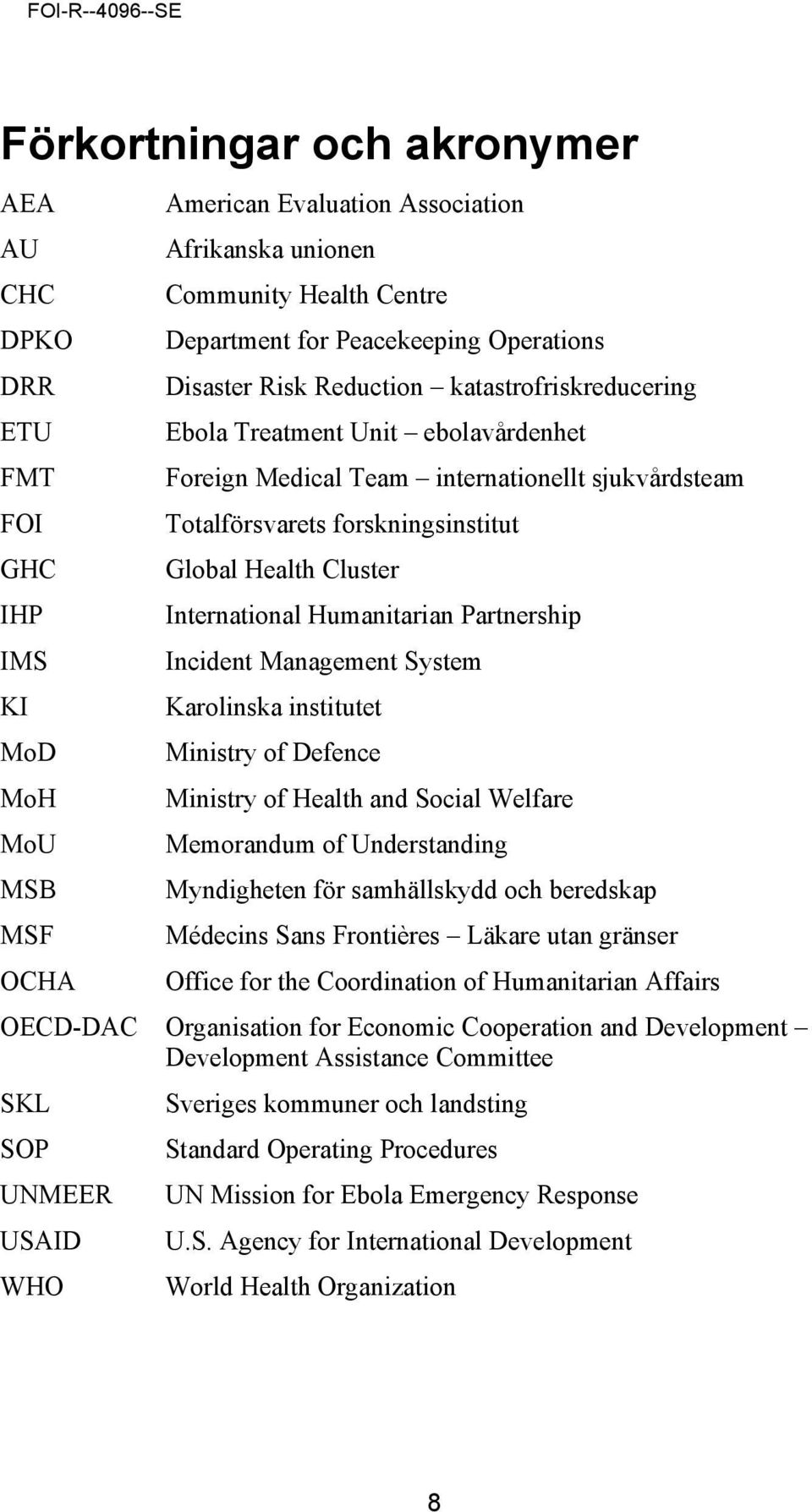 International Humanitarian Partnership IMS Incident Management System KI Karolinska institutet MoD Ministry of Defence MoH Ministry of Health and Social Welfare MoU Memorandum of Understanding MSB