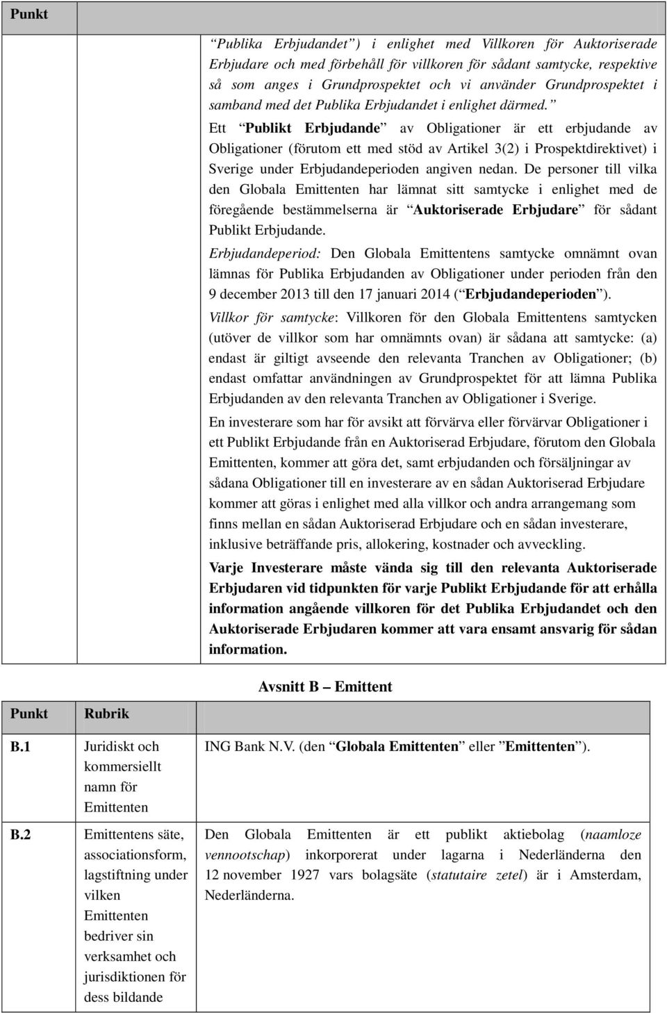 Ett Publikt Erbjudande av Obligationer är ett erbjudande av Obligationer (förutom ett med stöd av Artikel 3(2) i Prospektdirektivet) i Sverige under Erbjudandeperioden angiven nedan.