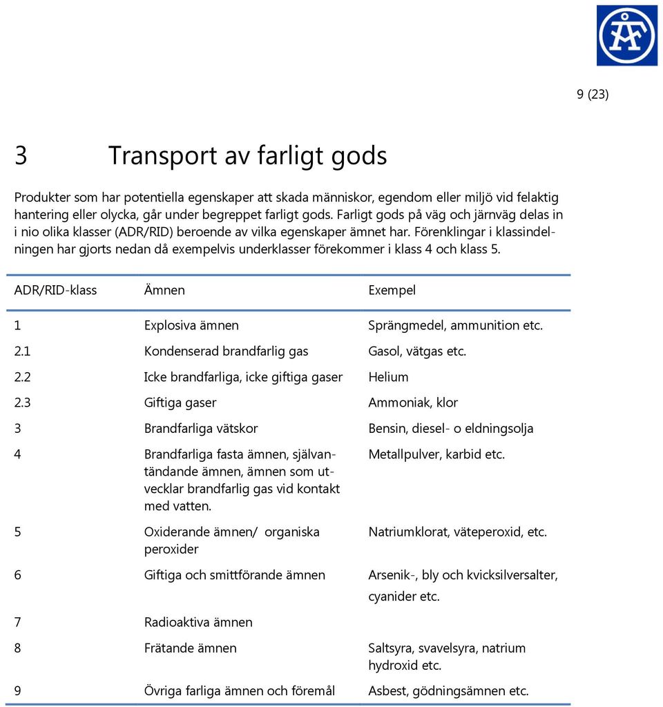 Förenklingar i klassindelningen har gjorts nedan då exempelvis underklasser förekommer i klass 4 och klass 5. ADR/RID-klass Ämnen Exempel 1 Explosiva ämnen Sprängmedel, ammunition etc. 2.