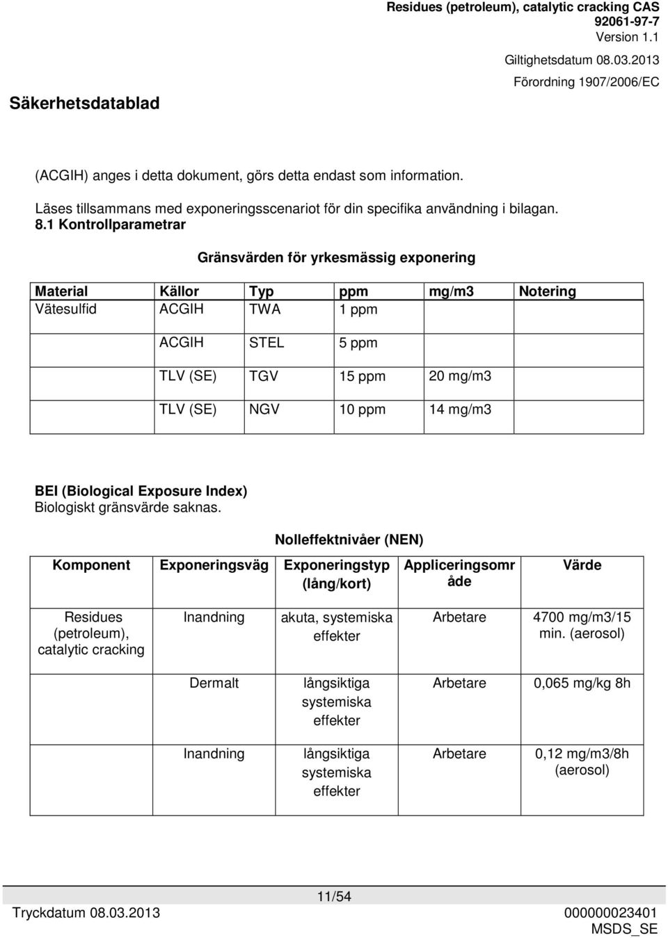 14 mg/m3 BEI (Biological Exposure Index) Biologiskt gränsvärde saknas.