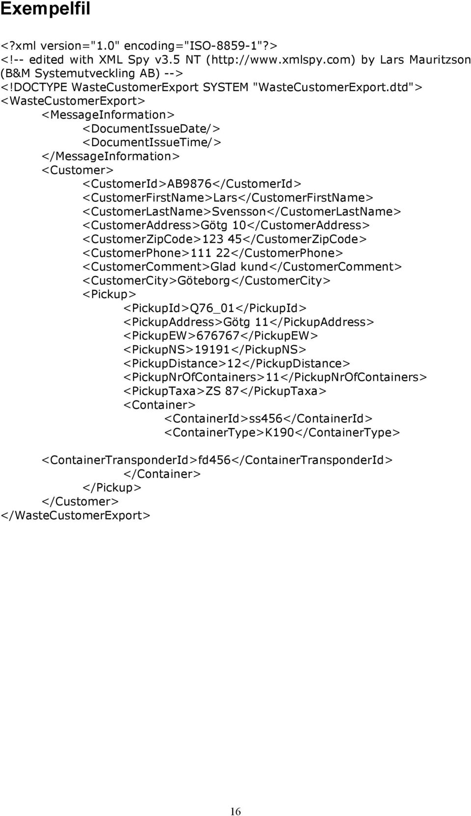 dtd"> <WasteCustomerExport> <MessageInformation> <DocumentIssueDate/> <DocumentIssueTime/> </MessageInformation> <Customer> <CustomerId>AB9876</CustomerId> <CustomerFirstName>Lars</CustomerFirstName>