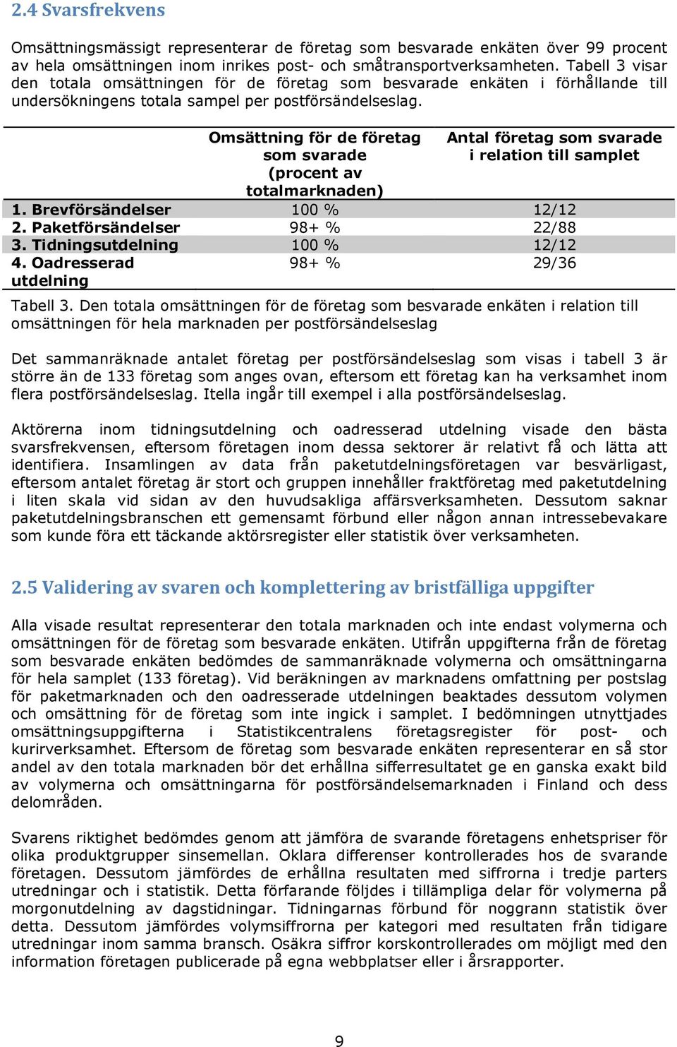 för de företag som svarade (procent av totalmarknaden) Antal företag som svarade i relation till samplet 1. Brevförsändelser 100 % 12/12 2. Paketförsändelser 98+ % 22/88 3.