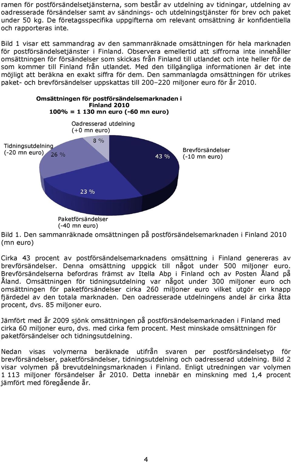 Bild 1 visar ett sammandrag av den sammanräknade omsättningen för hela marknaden för postförsändelsetjänster i Finland.