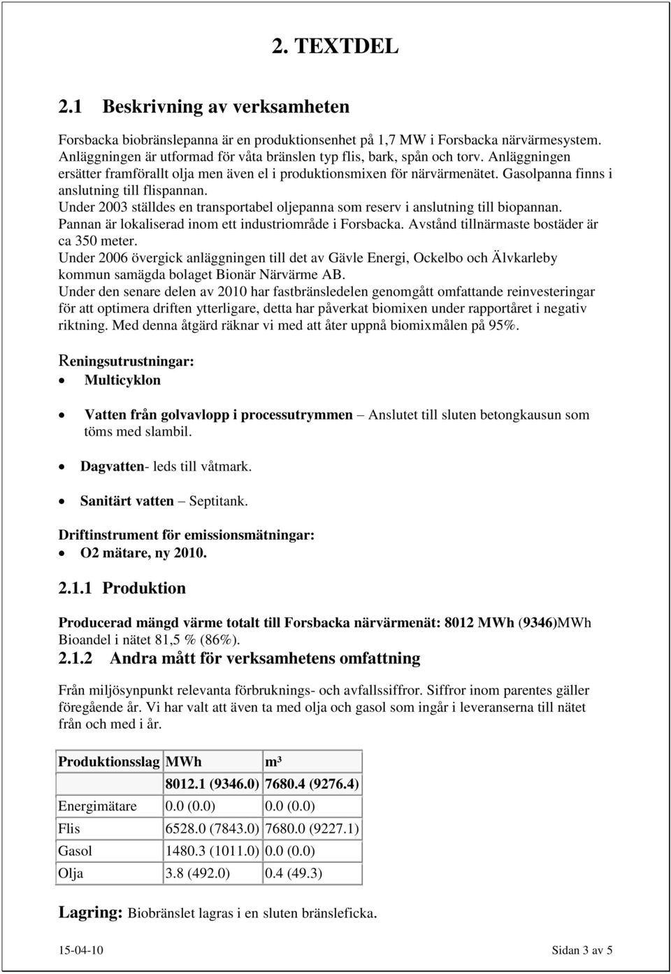 Gasolpanna finns i anslutning till flispannan. Under 2003 ställdes en transportabel oljepanna som reserv i anslutning till biopannan. Pannan är lokaliserad inom ett industriområde i Forsbacka.