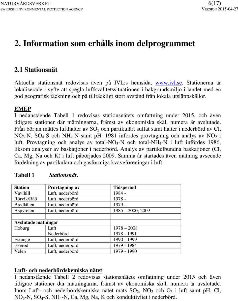 I nedanstående Tabell 1 redovisas stationsnätets omfattning under 2015, och även tidigare stationer där mätningarna, främst av ekonomiska skäl, numera är avslutade.