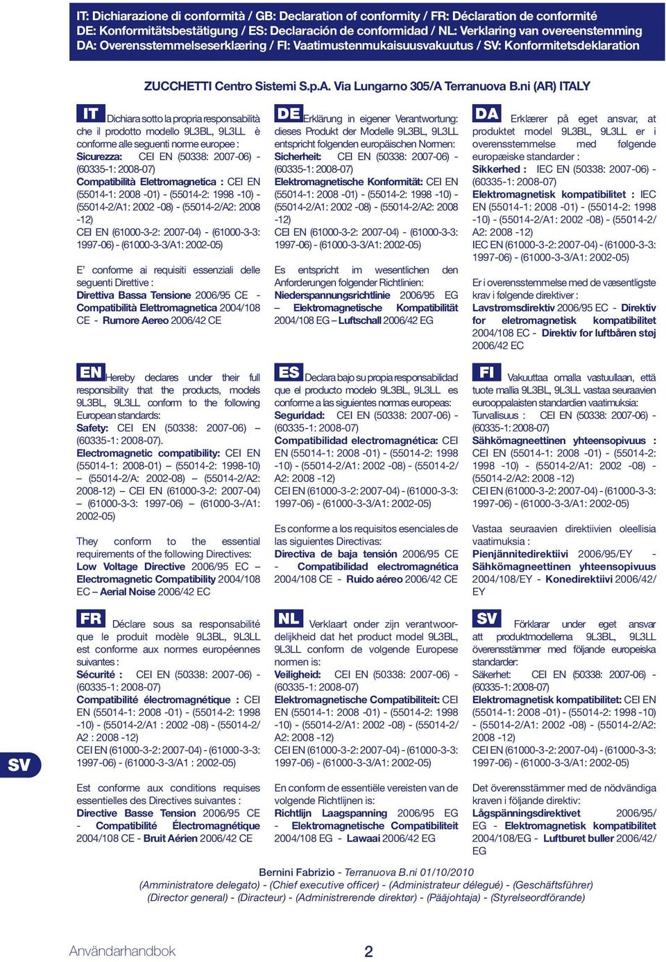 ni (AR) ITALY IT Dichiara sotto la propria responsabilità che il prodotto modello 9L3BL, 9L3LL è conforme alle seguenti norme europee : Sicurezza: CEI EN (50338: 2007-06) - (60335-1: 2008-07)