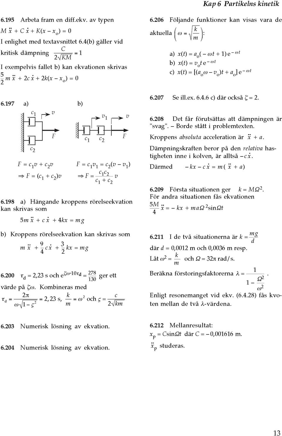 198 a) Hängande roppens rörelseevation an srivas so 5 + c + 4 = g b) Kroppens rörelseevation an srivas so + 9 4 c + 3 = g 6.00 τ d =,3 s och e ζω 10τ d 78 = ger ett 130 värde på ζω.