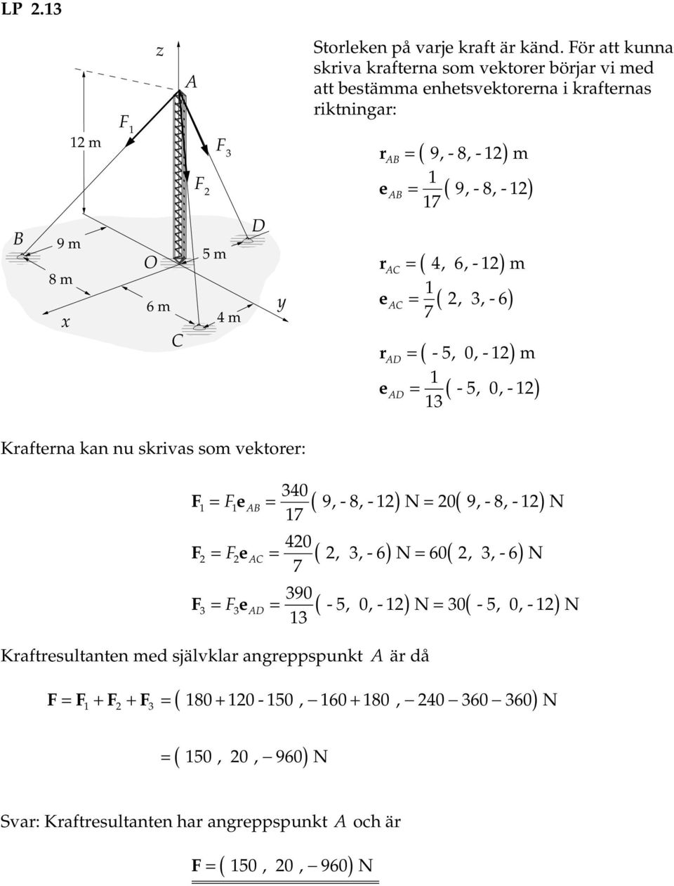 9-8 - 7,, e C (,, ) e C (,, ) 4 6 - m 7 3-6 D (,, ) e D - 5 - m -5-3,, Kften kn nu skivs som vektoe: F F F 34 F e ( 9, - 8, - ) N ( 9,