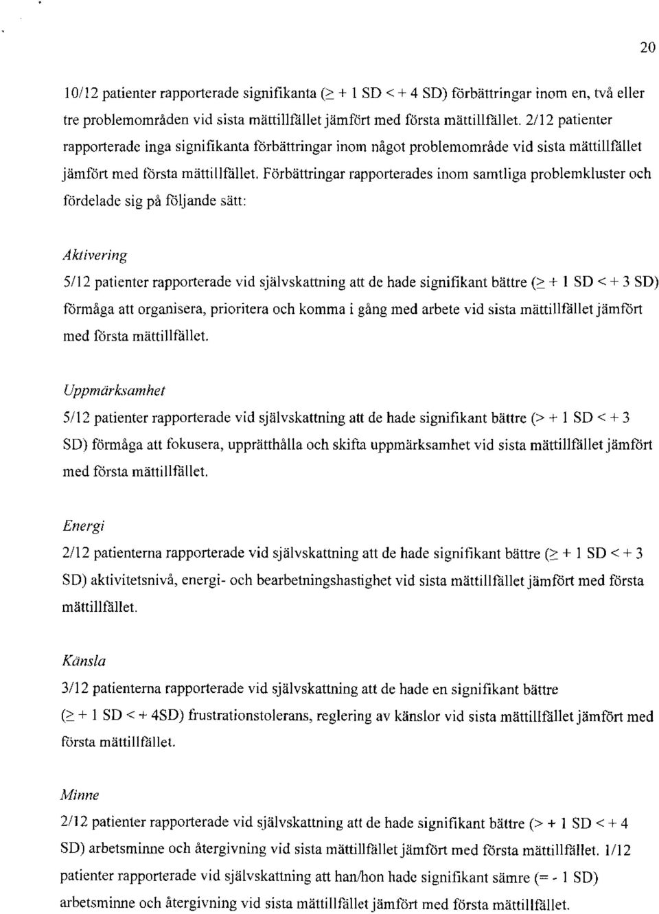 Förbättringar rapporterades inom samtliga problemkluster och fördelade sig på följande sätt: Aktivering 5/12 patienter rapporterade vid självskattning att de hade signifikant bättre (>+ I SD <+ 3 SD)