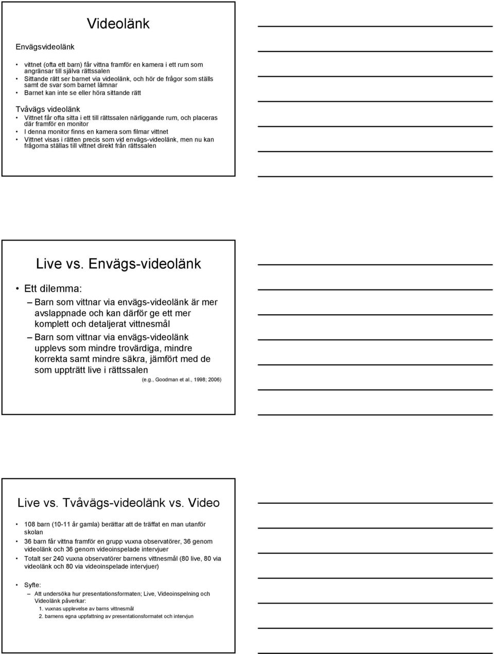 monitor finns en kamera som filmar vittnet Vittnet visas i rätten precis som vid envägs-videolänk, men nu kan frågorna ställas till vittnet direkt från rättssalen Live vs.