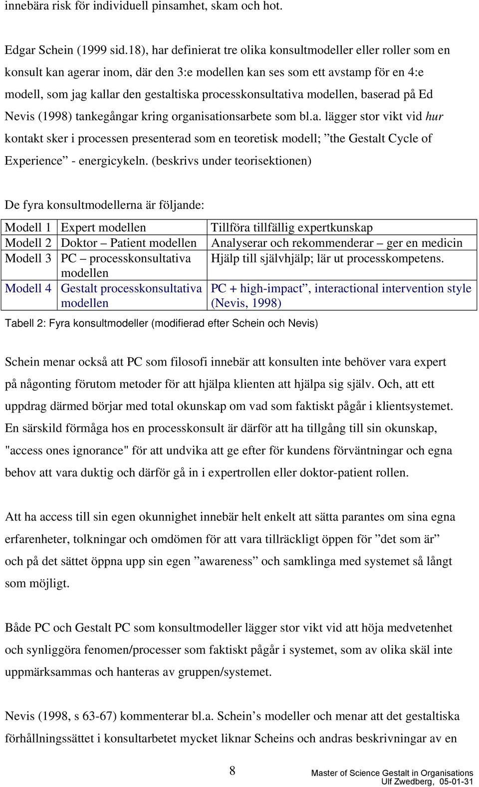 processkonsultativa modellen, baserad på Ed Nevis (1998) tankegångar kring organisationsarbete som bl.a. lägger stor vikt vid hur kontakt sker i processen presenterad som en teoretisk modell; the Gestalt Cycle of Experience - energicykeln.