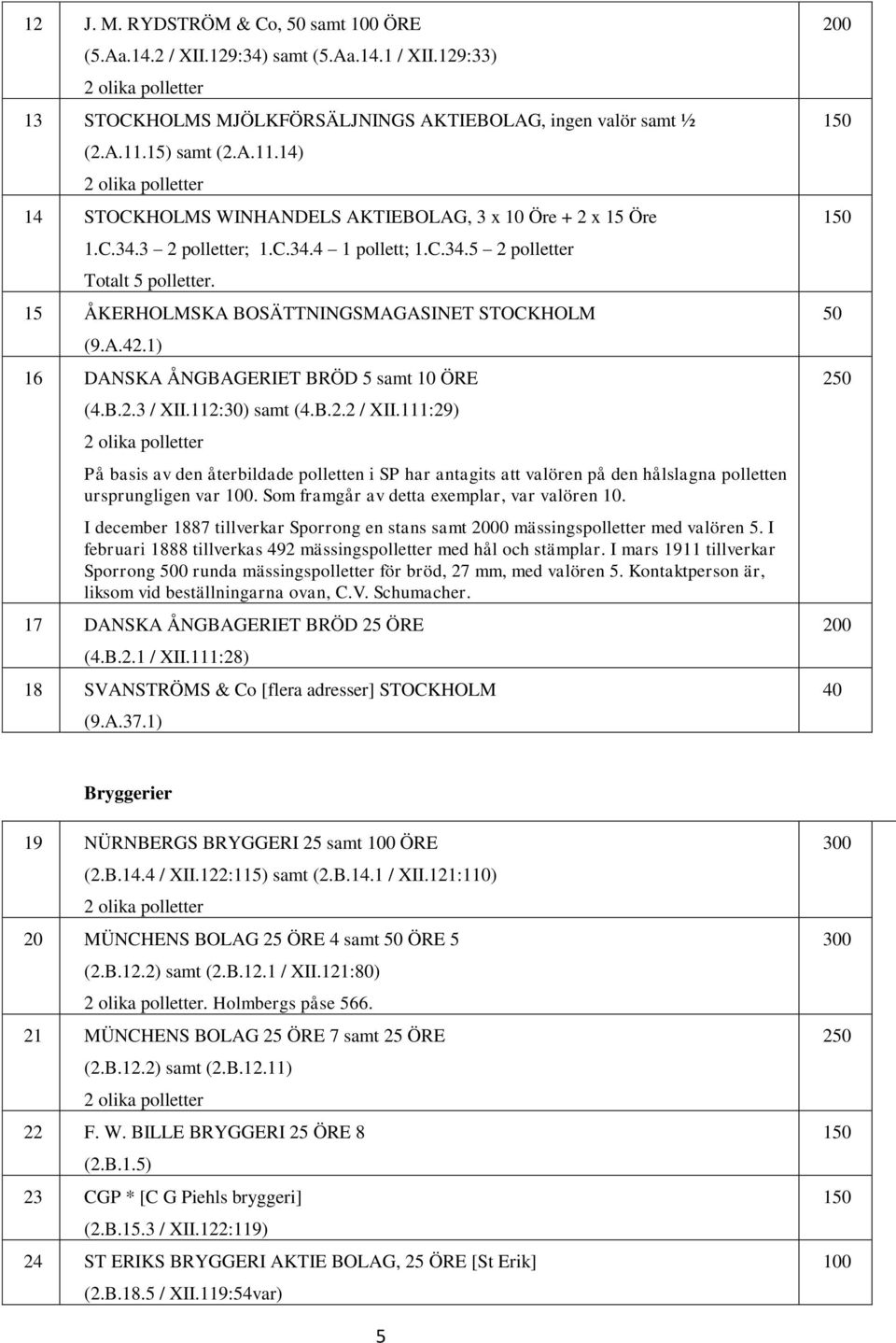 15 ÅKERHOLMSKA BOSÄTTNINGSMAGASINET STOCKHOLM (9.A.42.1) 16 DANSKA ÅNGBAGERIET BRÖD 5 samt 10 ÖRE (4.B.2.3 / XII.112:30) samt (4.B.2.2 / XII.