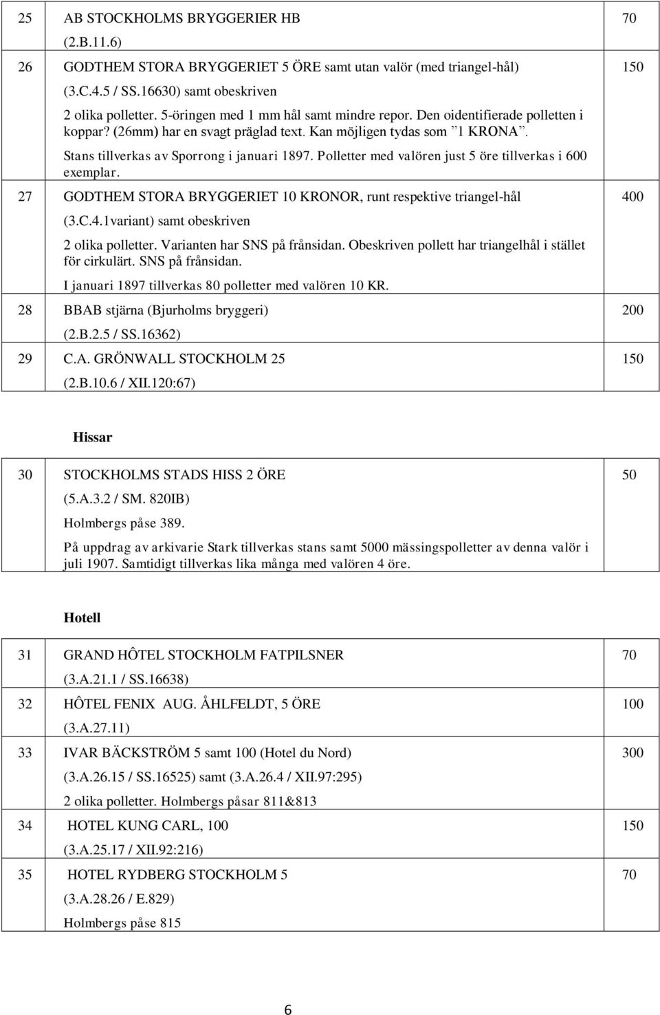 Polletter med valören just 5 öre tillverkas i 600 exemplar. 27 GODTHEM STORA BRYGGERIET 10 KRONOR, runt respektive triangel-hål (3.C.4.1variant) samt obeskriven. Varianten har SNS på frånsidan.