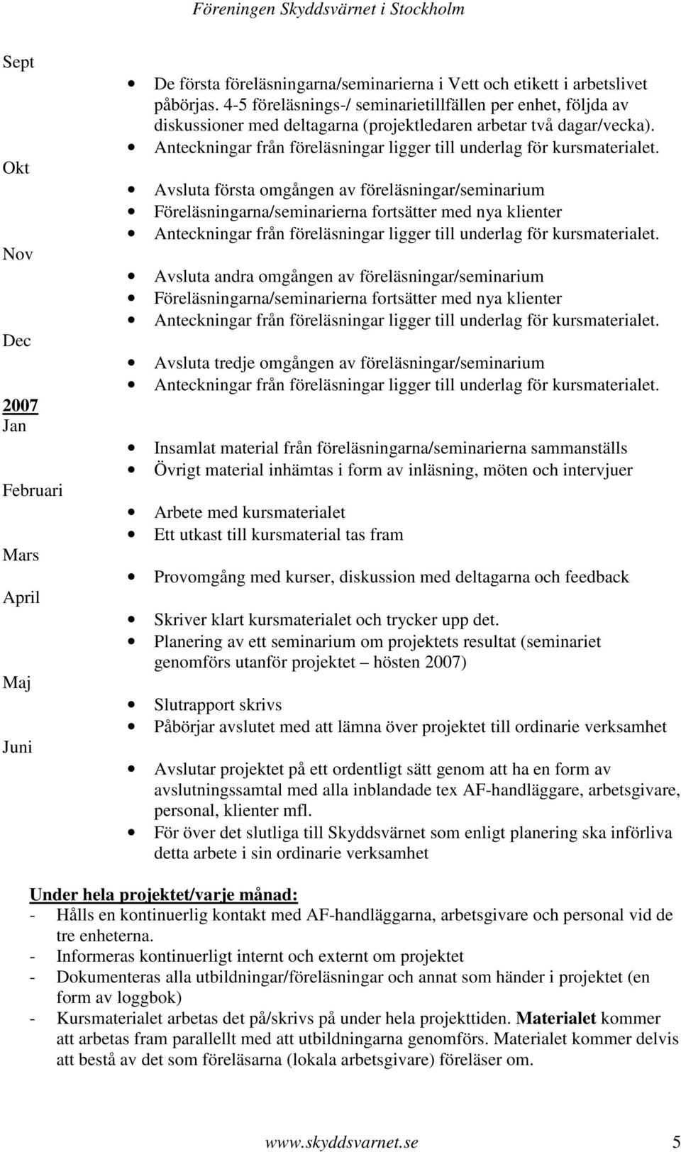 Avsluta första omgången av föreläsningar/seminarium Föreläsningarna/seminarierna fortsätter med nya klienter Avsluta andra omgången av föreläsningar/seminarium Föreläsningarna/seminarierna fortsätter