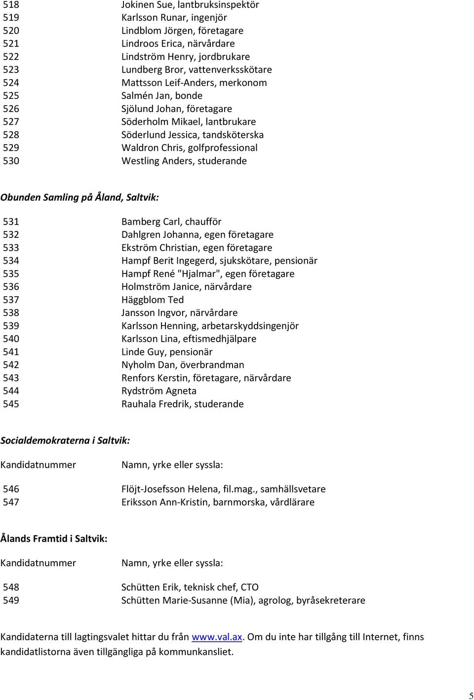 Westling Anders, studerande Obunden Samling på Åland, Saltvik: 531 Bamberg Carl, chaufför 532 Dahlgren Johanna, egen företagare 533 Ekström Christian, egen företagare 534 Hampf Berit Ingegerd,