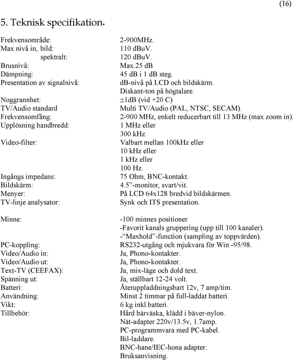 Frekvensomfång: 2-900 MHz, enkelt reducerbart till 13 MHz (max zoom in). Upplösning bandbredd: 1 MHz eller 300 khz. Video-filter: Valbart mellan 100kHz eller 10 khz eller 1 khz eller 100 Hz.