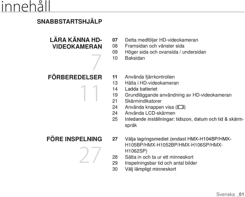 Skärmindikatorer 24 Använda knappen visa ( ) 24 Använda lcd-skärmen 25 Inledande inställningar: tidszon, datum och tid & skärmspråk 27 Välja lagringsmediet (endast