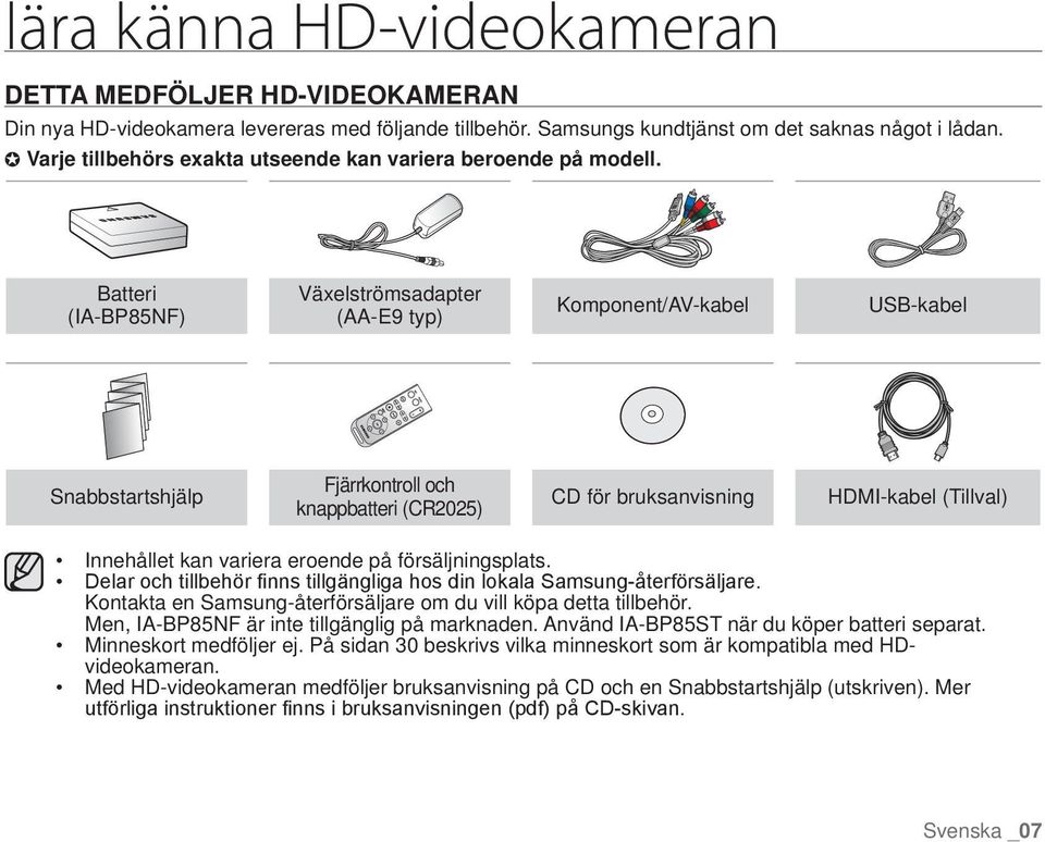 Batteri (IA-BP85NF) Växelströmsadapter (AA-E9 typ) Komponent/AV-kabel USB-kabel Snabbstartshjälp Fjärrkontroll och knappbatteri (CR2025) CD för bruksanvisning HDMI-kabel (Tillval) Innehållet kan