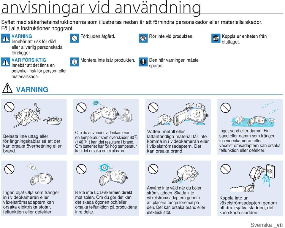 Montera inte isär produkten. Rör inte vid produkten. Den här varningen måste sparas. Koppla ur enheten från eluttaget.