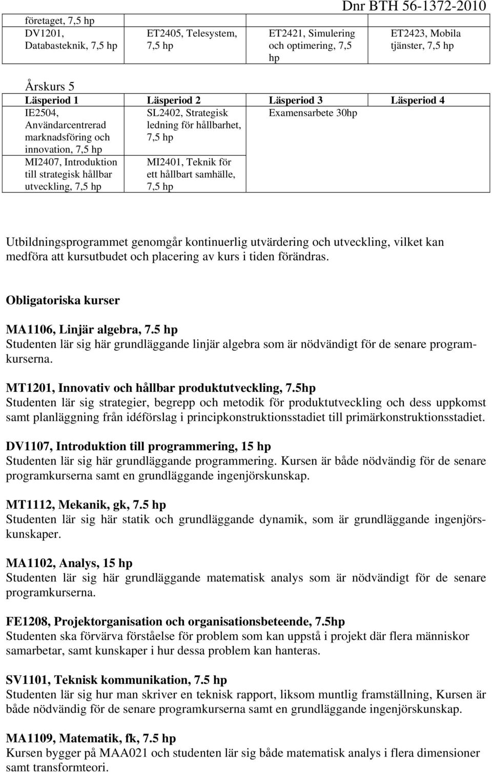 genomgår kontinuerlig utvärdering och utveckling, vilket kan medföra att kursutbudet och placering av kurs i tiden förändras. Obligatoriska kurser MA1106, Linjär algebra, 7.