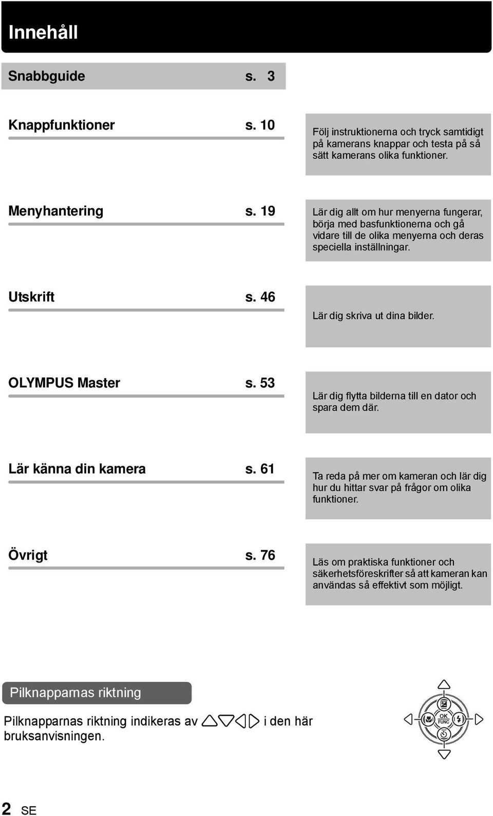 OLYMPUS Master s. 53 Lär dig flytta bilderna till en dator och spara dem där. Lär känna din kamera s. 61 Ta reda på mer om kameran och lär dig hur du hittar svar på frågor om olika funktioner.