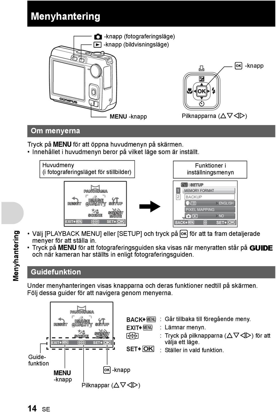 Huvudmeny (i fotograferingsläget för stillbilder) Funktioner i inställningsmenyn Menyhantering RESET EXIT MENU Välj [PLAYBACK MENU] eller [SETUP] och tryck på H för att ta fram detaljerade menyer för