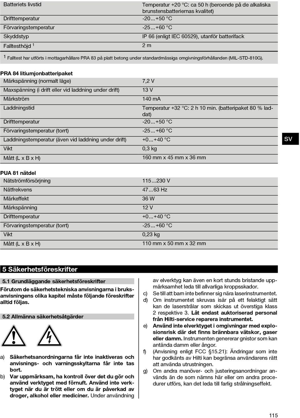 PRA 84 litiumjonbatteripaket Märkspänning (normalt läge) 7,2 V Maxspänning (i drift eller vid laddning under drift) 13 V Märkström 140 ma Laddningstid Temperatur +32 C: 2 h 10 min.