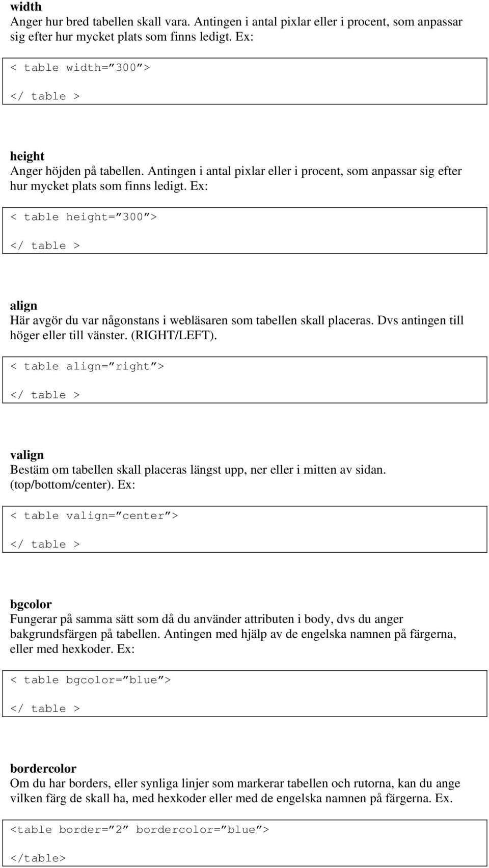 Ex: < table height= 300 > </ table > align Här avgör du var någonstans i webläsaren som tabellen skall placeras. Dvs antingen till höger eller till vänster. (RIGHT/LEFT).