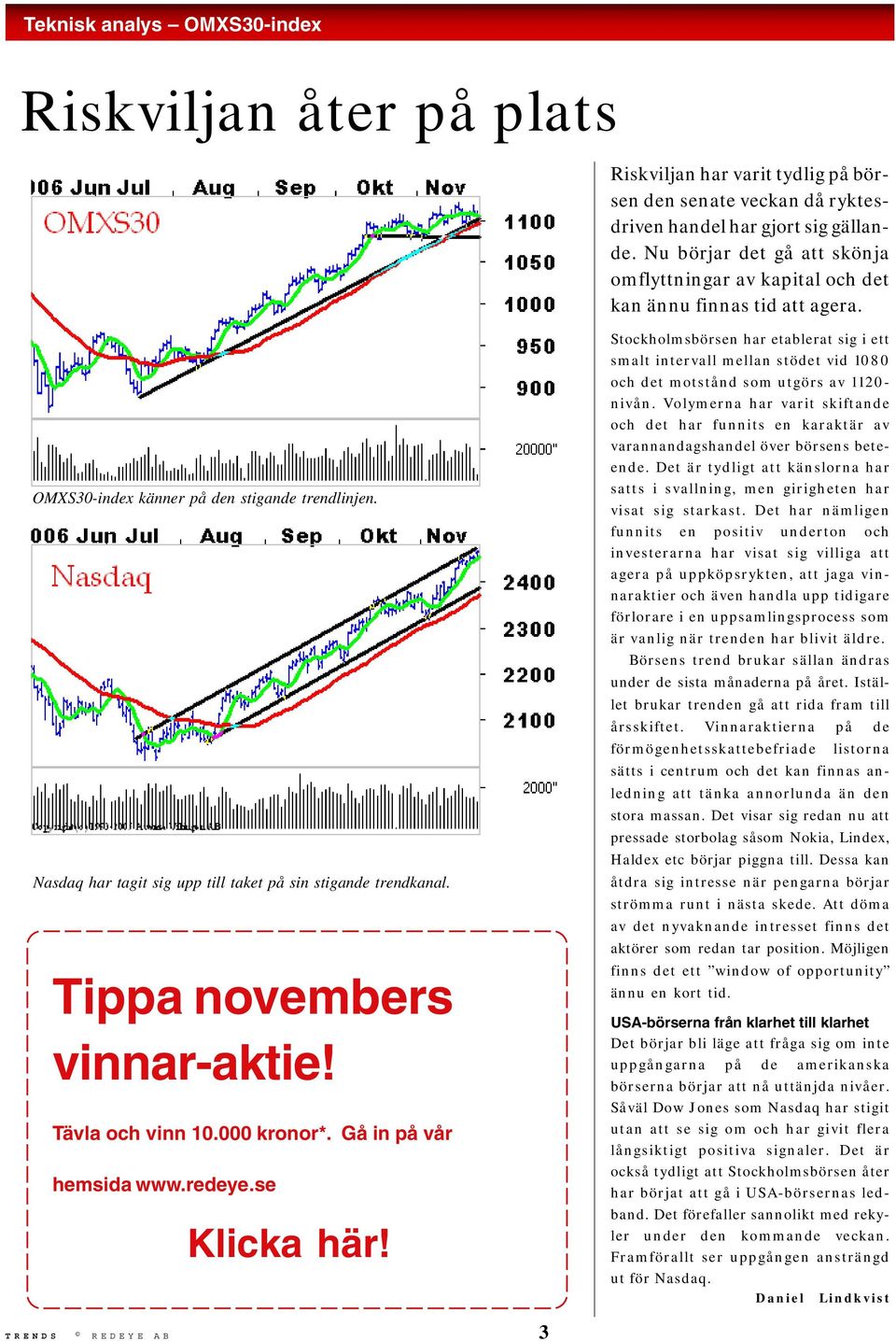 Nasdaq har tagit sig upp till taket på sin stigande trendkanal. Tippa novembers vinnar-aktie! Tävla och vinn 10.000 kronor*. Gå in på vår hemsida www.redeye.se Klicka här!