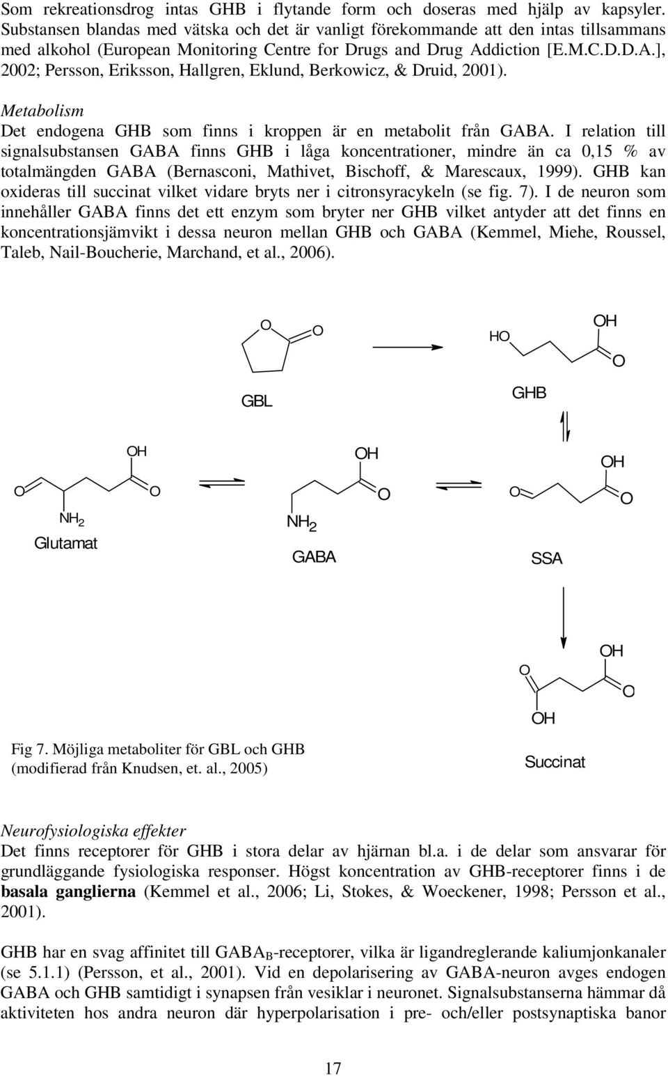 diction [E.M.C.D.D.A.], 2002; Persson, Eriksson, Hallgren, Eklund, Berkowicz, & Druid, 2001). Metabolism Det endogena GHB som finns i kroppen är en metabolit från GABA.