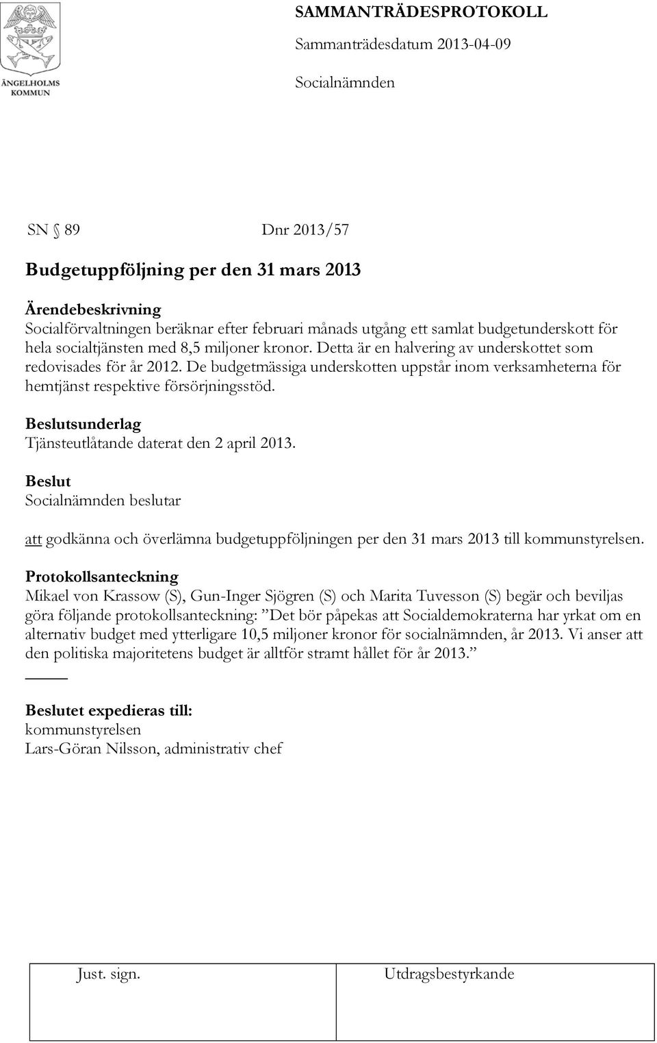 Beslutsunderlag Tjänsteutlåtande daterat den 2 april 2013. Beslut beslutar att godkänna och överlämna budgetuppföljningen per den 31 mars 2013 till kommunstyrelsen.