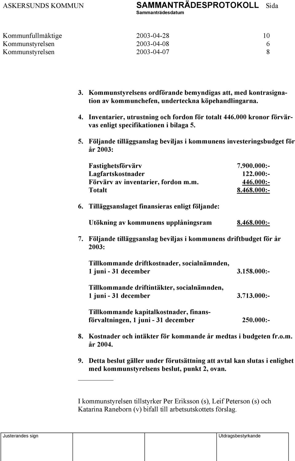 000 kronor förvärvas enligt specifikationen i bilaga 5. 5. Följande tilläggsanslag beviljas i kommunens investeringsbudget för år 2003: Fastighetsförvärv 7.900.000:- Lagfartskostnader 122.