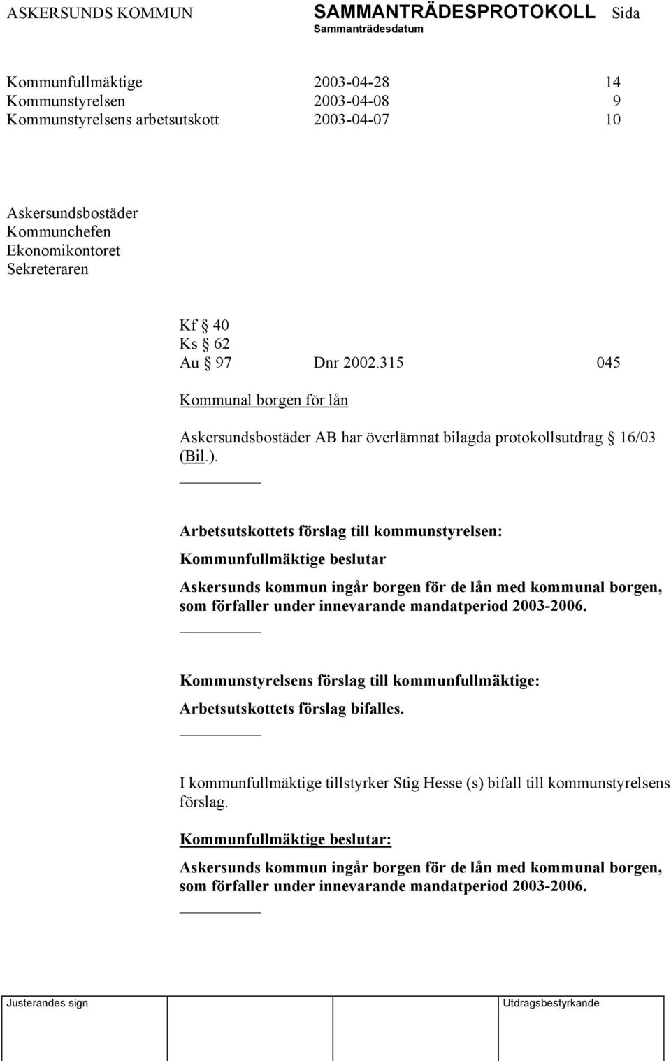 Arbetsutskottets förslag till kommunstyrelsen: Kommunfullmäktige beslutar Askersunds kommun ingår borgen för de lån med kommunal borgen, som förfaller under innevarande mandatperiod 2003-2006.