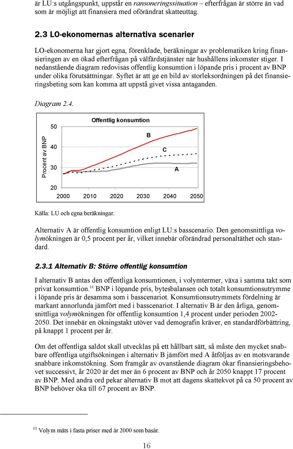 stiger. I nedanstående diagram redovisas offentlig konsumtion i löpande pris i procent av BNP under olika förutsättningar.