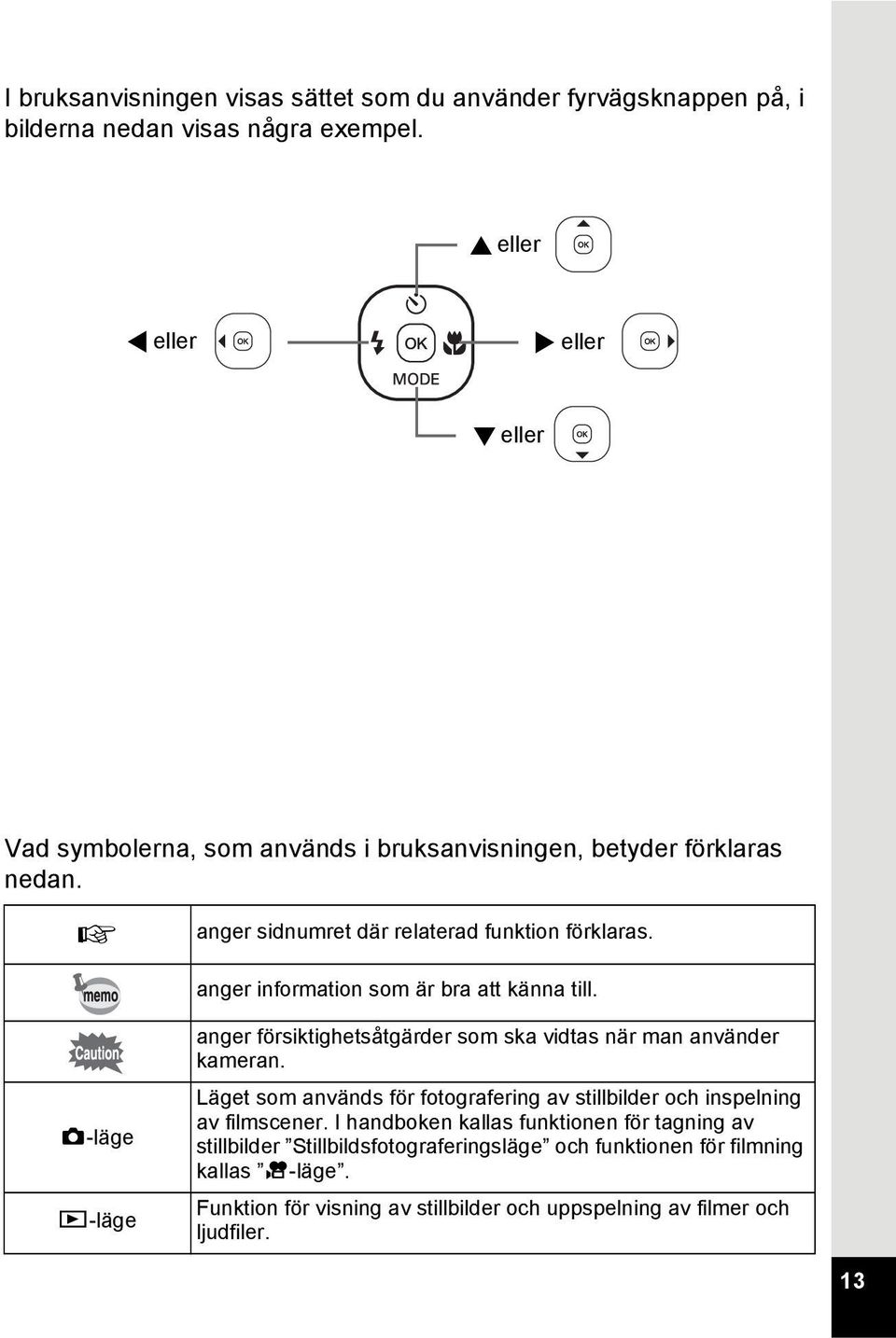 anger information som är bra att känna till. A-läge Q-läge anger försiktighetsåtgärder som ska vidtas när man använder kameran.