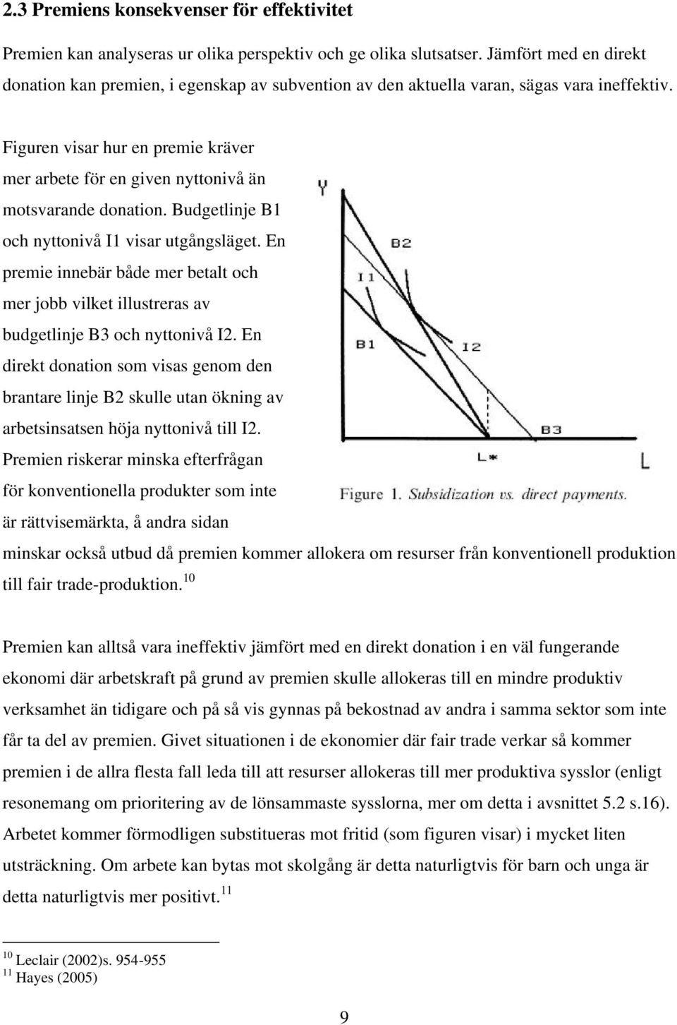 Figuren visar hur en premie kräver mer arbete för en given nyttonivå än motsvarande donation. Budgetlinje B1 och nyttonivå I1 visar utgångsläget.