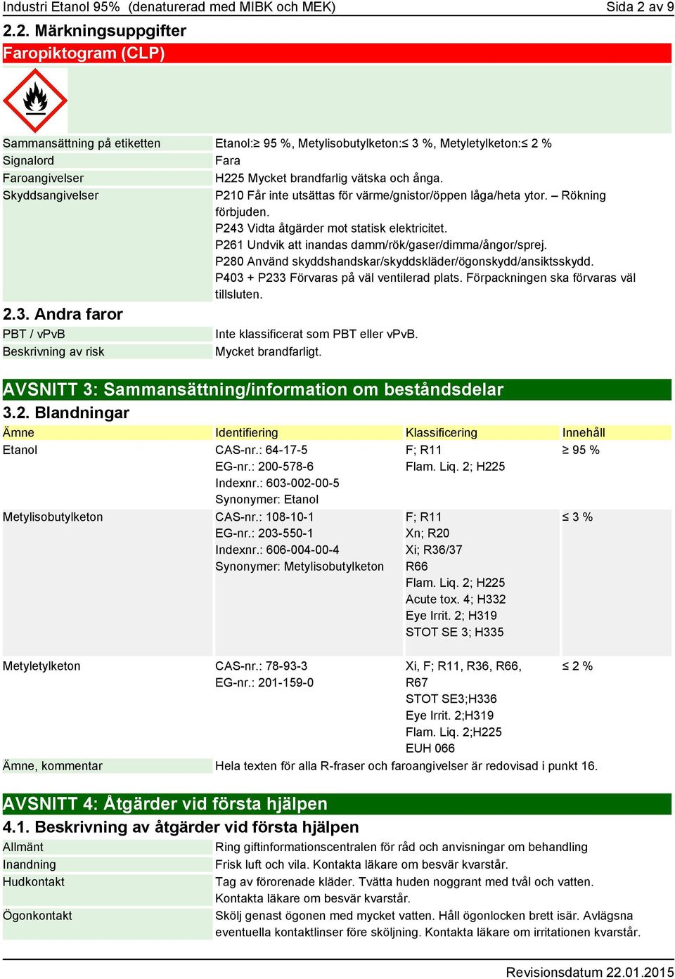 2. Märkningsuppgifter Faropiktogram (CLP) Sammansättning på etiketten Etanol: 95 %, Metylisobutylketon: 3 %, Metyletylketon: 2 % Signalord Fara Faroangivelser H225 Mycket brandfarlig vätska och ånga.