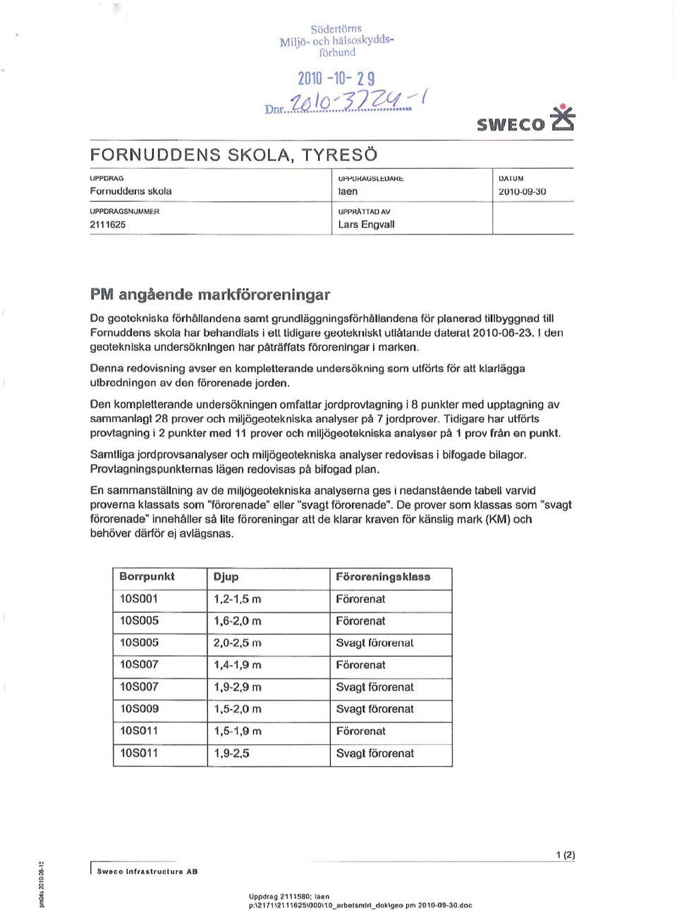 Fornuddens skola har behandlats i ett tidigare geotekniskt utlåtande daterat 2010-06-23. I den geoteknlska undersökningen har påträffats föroreningar I marken.