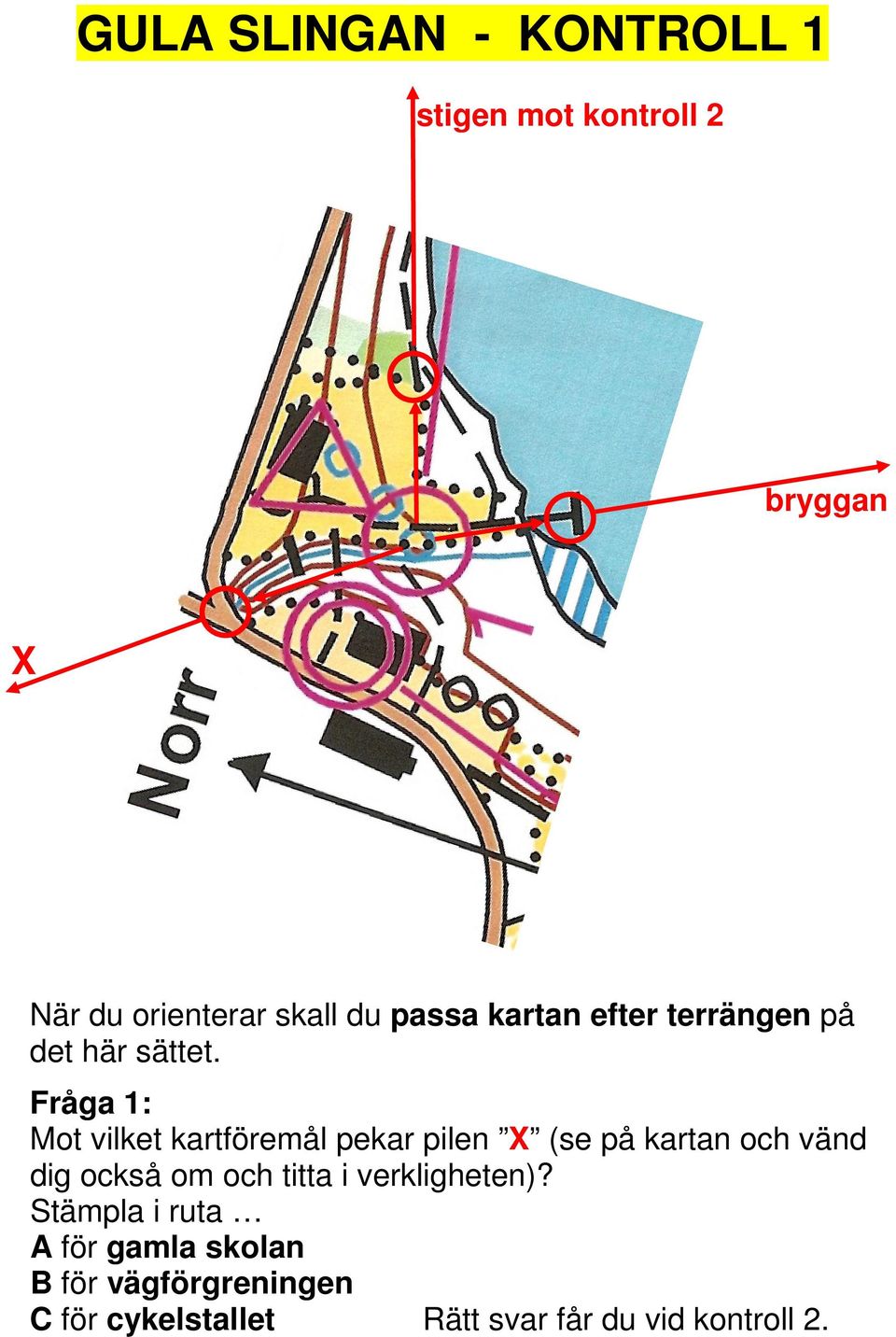 Fråga 1: Mot vilket kartföremål pekar pilen X (se på kartan och vänd dig också om och