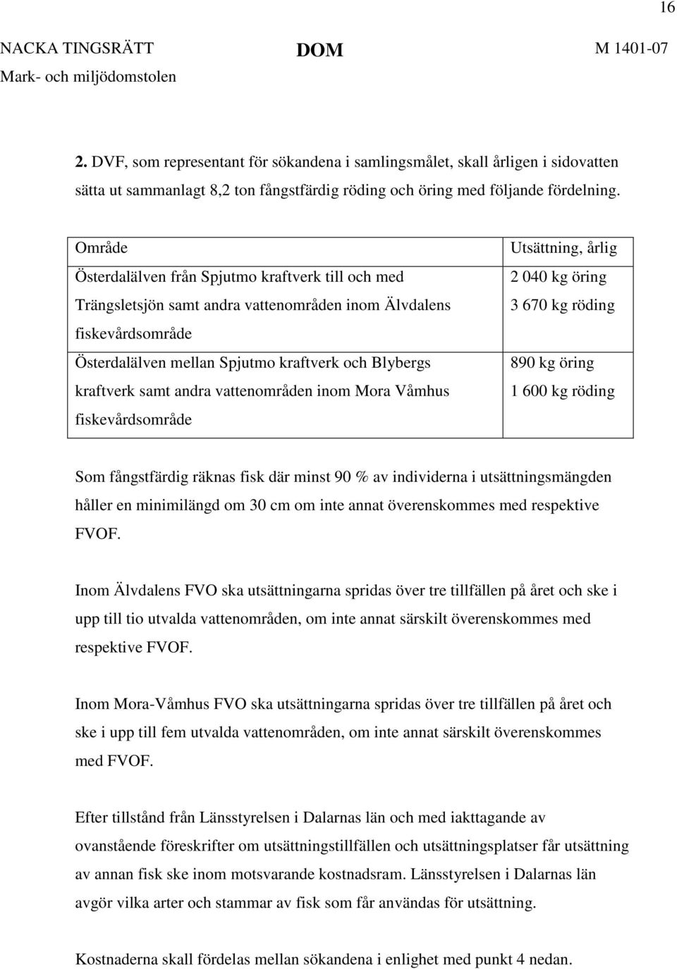 andra vattenområden inom Mora Våmhus fiskevårdsområde Utsättning, årlig 2 040 kg öring 3 670 kg röding 890 kg öring 1 600 kg röding Som fångstfärdig räknas fisk där minst 90 % av individerna i