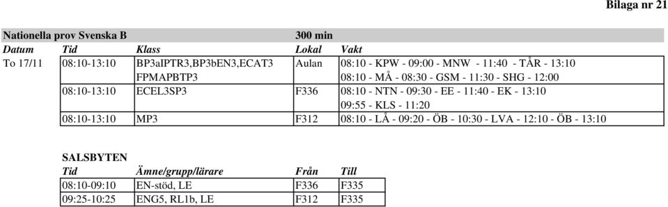 - 09:30 - EE - 11:40 - EK - 13:10 09:55 - KLS - 11:20 08:10-13:10 MP3 F312 08:10 - LÅ - 09:20 - ÖB - 10:30 - LVA - 12:10 - ÖB -